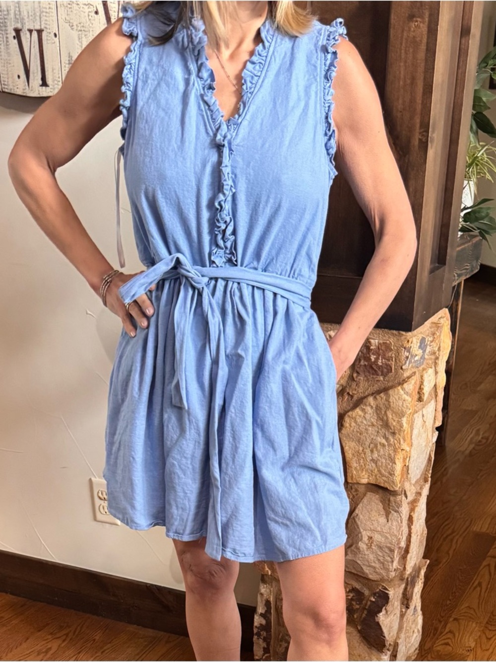 Donna Morgan Light Blue Ruffle Tie-Front Mini Dress